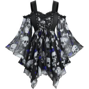 ROSE GAL Plus Size Women Halloween Costume T-Shirt Gothic Top Skull Mesh Lace Up Bell Sleeve Cold Shoulder Top(Deep Blue)