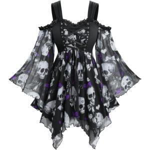 ROSE GAL Plus Size Women Halloween Costume T-Shirt Gothic Top Skull Mesh Lace Up Bell Sleeve Cold Shoulder Top(Purple)