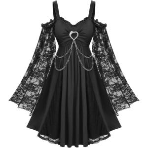 ROSE GAL Plus Size Women Halloween Witchy Costume Gothic Vintage Lace Long Bell Sleeve Cold Shoulder Vampire Dress(Black)