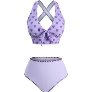 ROSE GAL Plus Size Women Heart Print High Waisted Contrast Whip Stitching Crisscross Back Bikini Set(Light Purple)