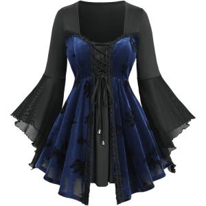 ROSE GAL Plus Size Women Lace-up Color Block Long Bell Sleeve Swing Top(Black)