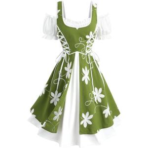 ROSE GAL Plus Size Women Medieval Renaissance Costume Flower Stitching Lace-up Fairy Dress with Pockets(Green)