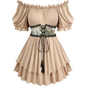 ROSE GAL Plus Size Women Medieval Renaissance Off Shoulder Blouse Lace-up Jacquard Corset Swing Puff Sleeve Top(Khaki)