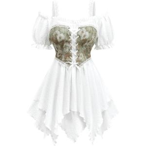 ROSE GAL Plus Size Women Medieval Renaissance Top Cold Shoulder Handkerchief Hem Layered 2 in 1 T-Shirt(White)