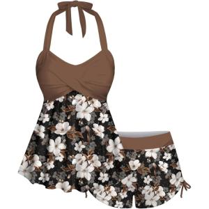 ROSE GAL Plus Size Women Modest Two Piece Bathing Suit Floral Print Twist Front Drawstring Side Halter Tankini Swimsuit(Coffee)
