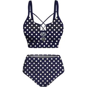 ROSE GAL Plus Size Women Polka Dot Print High Waisted Bikini Set Crisscross Tummy Control Bathing Suits(Deep Blue)