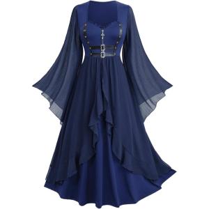 ROSE GAL Plus Size Women Renaissance Costume Victorian Medieval Fairy Bell Sleeves Irish Halloween Cosplay Dress(Deep Blue)