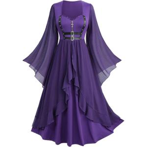 ROSE GAL Plus Size Women Renaissance Costume Victorian Medieval Fairy Bell Sleeves Irish Halloween Cosplay Dress(Purple)