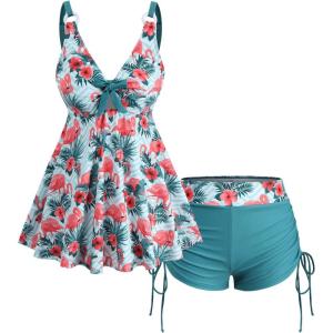 ROSE GAL Plus Size Women Tropical Flamingo Floral Leaf Print Self-tie Modest Tankini Swimsuit(Blue)