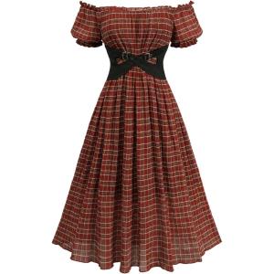 ROSE GAL Plus Size Women Vintage Plaid Dress Off The Shoulder Midi Swing Dress with Belt(Red)