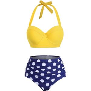 ROSE GAL Plus Size Women Vintage Retro Polka Dot High Waisted Underwire Push Up Bikini Set Halter Two Piece Swimsuits(Yellow)