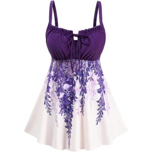 ROSE GAL Plus Size Womens Goth 2 Piece Tankini Swimsuit Backless Padded Cinched Ruffles V Neck Cut Skulls Briefs Tankini Set(Purple_1)