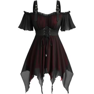 ROSE GAL Plus Size Womens Goth Cold Shoulder Corset Top Two Tone Ruffles Buckles Lace-up Underbust T-shirt(Black_1)