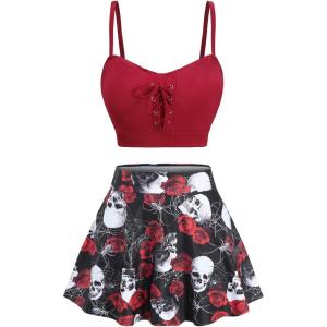 ROSE GAL Plus Size Womens Gothic Three Piece Bikini Set Swimsuit Padded 3 Piece Tummy Control Skirted Bathing Suits(Red_1)