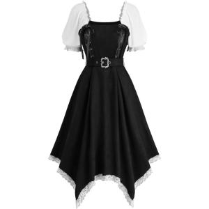 ROSE GAL Plus Size Womens Medieval Renaissance Ren Fairies Dress Square Neck Puff Sleeves Ruffles Dress(Black_1)
