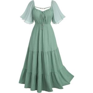 ROSE GAL Plus Size Womens Renaissance Fairy Dress Cottagecore Flutter Sleeve Ruffles Tie Butterfly Sleeves Dress(Green_1)