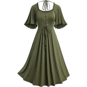 ROSE GAL Plus Size Womens Renaissance Fairy Summer Dress Lace-up Tie Ruffles Square Neck Flutter Sleeves Flowy Dress(Green_2)