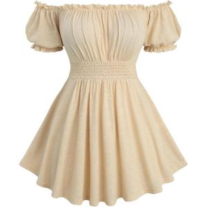 ROSE GAL Plus Size Womens Renaissance Peasant Blouse Top Victorian Off Shoulder Ruffle Smocked Waist Pirate Shirt(Beige_1)