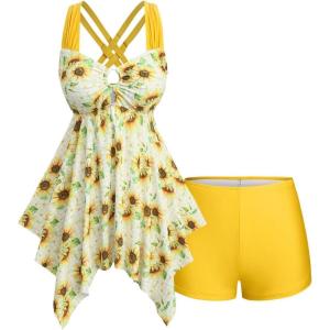 ROSE GAL Plus Size Womens Tankini Swimdress with Boyshorts 2 Piece Strappy Sunflower Padded Two Piece Bathing Suit(Yellow_1)
