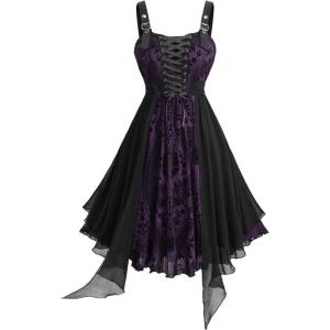 ROSE GAL Plus Size Womens Vintage Gothic Flower Flocking Lace-up Buckles Straps Sleeveless Midi Dress(Purple_1)
