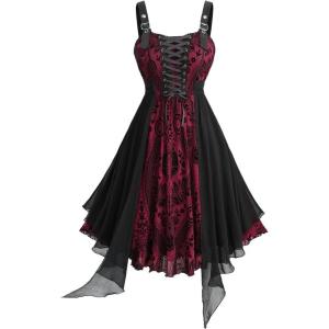 ROSE GAL Plus Size Womens Vintage Gothic Flower Flocking Lace-up Buckles Straps Sleeveless Midi Dress(Red_1)