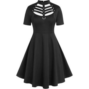 ROSE GAL Rosegal Gothic D-Ring PU Leather Panel Ladder Cutout Dress(Black-214)