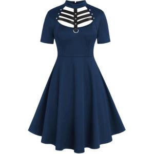 ROSE GAL Rosegal Gothic D-Ring PU Leather Panel Ladder Cutout Dress(Blue_1)