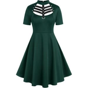 ROSE GAL Rosegal Gothic D-Ring PU Leather Panel Ladder Cutout Dress(Green_2)
