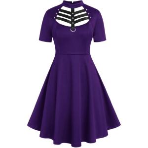 ROSE GAL Rosegal Gothic D-Ring PU Leather Panel Ladder Cutout Dress(Purple_1)