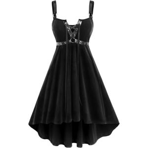 ROSE GAL Rosegal Gothic Lace Up Grommets High Low Velvet Midi Dress(Black-215)