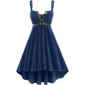 ROSE GAL Rosegal Gothic Lace Up Grommets High Low Velvet Midi Dress(Blue_3)