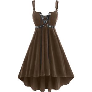 ROSE GAL Rosegal Gothic Lace Up Grommets High Low Velvet Midi Dress(Coffee_1)