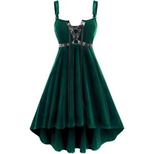 ROSE GAL Rosegal Gothic Lace Up Grommets High Low Velvet Midi Dress(Green_1)