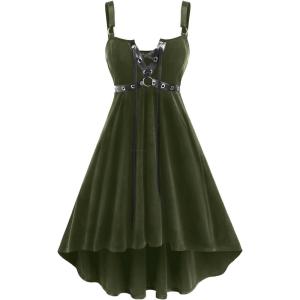 ROSE GAL Rosegal Gothic Lace Up Grommets High Low Velvet Midi Dress(Green_3)