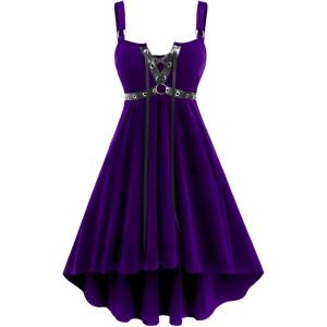 ROSE GAL Rosegal Gothic Lace Up Grommets High Low Velvet Midi Dress(Purple_1)