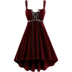 ROSE GAL Rosegal Gothic Lace Up Grommets High Low Velvet Midi Dress(Red_1)