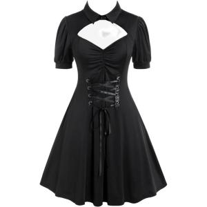 ROSE GAL Rosegal Plus Size Cutout Lace Up Ruched Shirted Collar A-Line Dress(Black-315)