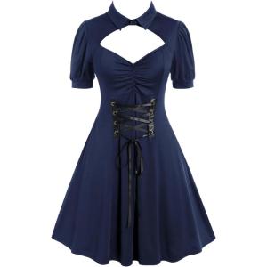 ROSE GAL Rosegal Plus Size Cutout Lace Up Ruched Shirted Collar A-Line Dress(Blue_1)