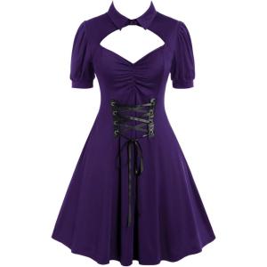 ROSE GAL Rosegal Plus Size Cutout Lace Up Ruched Shirted Collar A-Line Dress(Purple_1)