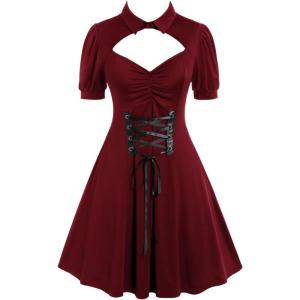 ROSE GAL Rosegal Plus Size Cutout Lace Up Ruched Shirted Collar A-Line Dress(Red_1)