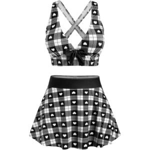 ROSE GAL Rosegal Plus Size Valentines Heart Bowknot Crisscross Padded Three Piece Tankini Swimsuit(Black)
