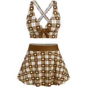 ROSE GAL Rosegal Plus Size Valentines Heart Bowknot Crisscross Padded Three Piece Tankini Swimsuit(Coffee)