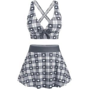 ROSE GAL Rosegal Plus Size Valentines Heart Bowknot Crisscross Padded Three Piece Tankini Swimsuit(Dark Gray)