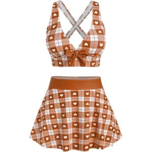 ROSE GAL Rosegal Plus Size Valentines Heart Bowknot Crisscross Padded Three Piece Tankini Swimsuit(Dark Orange)