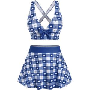 ROSE GAL Rosegal Plus Size Valentines Heart Bowknot Crisscross Padded Three Piece Tankini Swimsuit(Deep Blue)