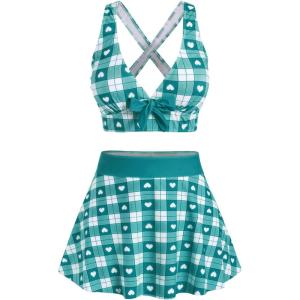 ROSE GAL Rosegal Plus Size Valentines Heart Bowknot Crisscross Padded Three Piece Tankini Swimsuit(Deep Green)