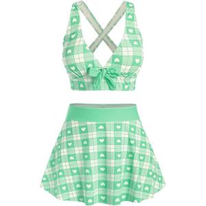 ROSE GAL Rosegal Plus Size Valentines Heart Bowknot Crisscross Padded Three Piece Tankini Swimsuit(Green)