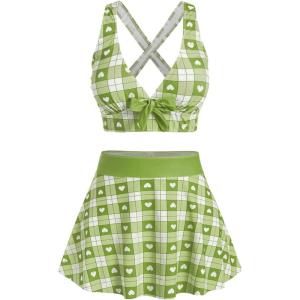 ROSE GAL Rosegal Plus Size Valentines Heart Bowknot Crisscross Padded Three Piece Tankini Swimsuit(Light Green)