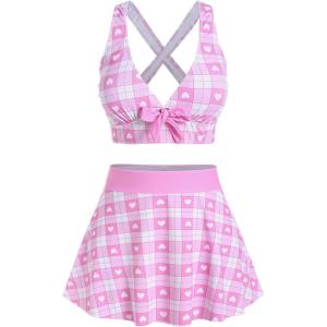 ROSE GAL Rosegal Plus Size Valentines Heart Bowknot Crisscross Padded Three Piece Tankini Swimsuit(Light Pink)
