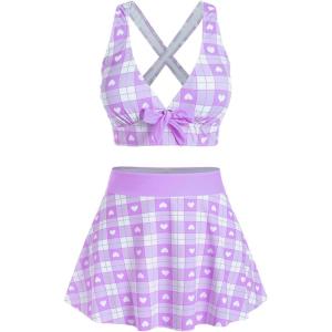 ROSE GAL Rosegal Plus Size Valentines Heart Bowknot Crisscross Padded Three Piece Tankini Swimsuit(Light Purple)